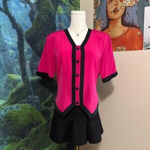 vintage pink contrast blouse yves st. clair v-neck glam button top